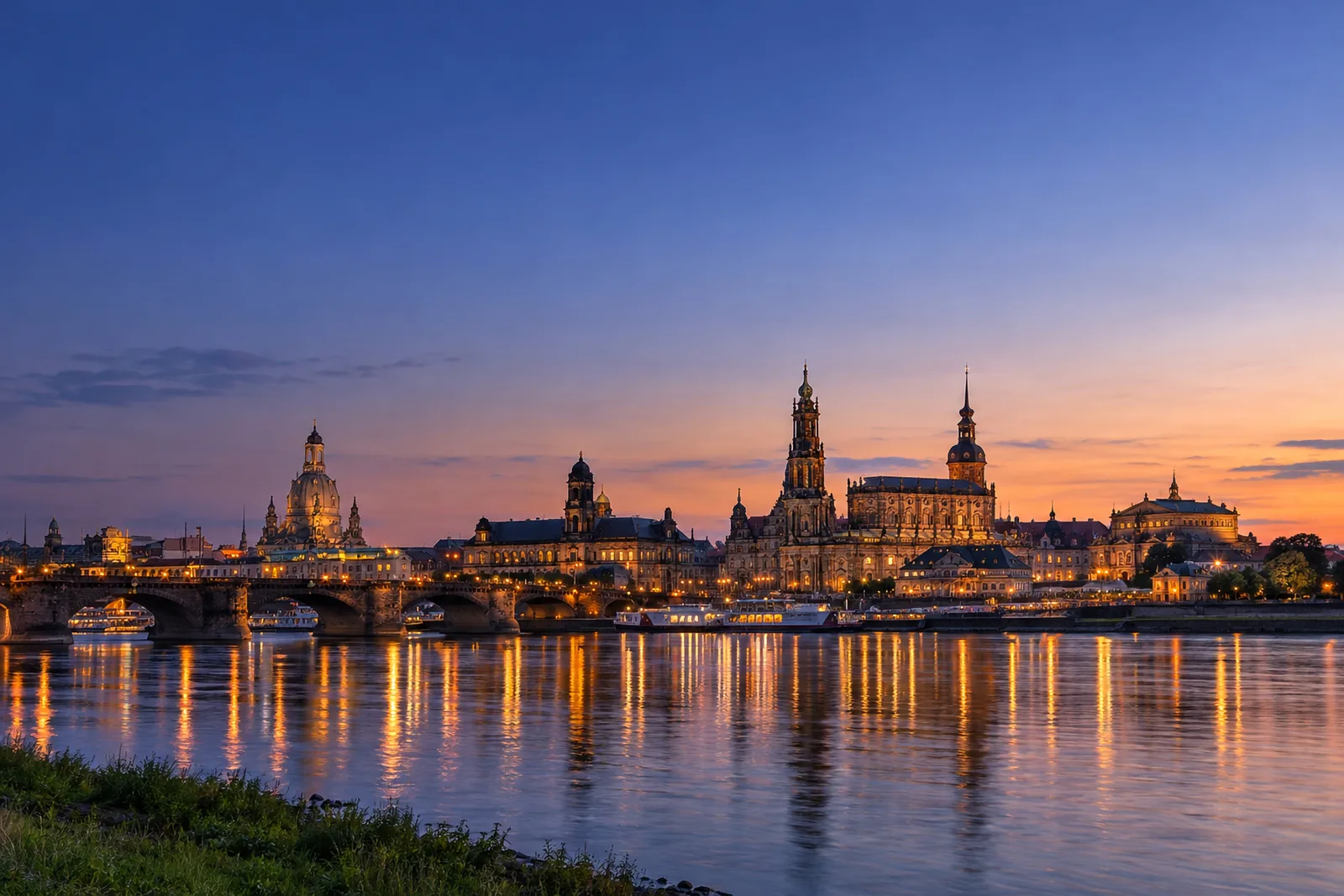 Die Dresdner Altstadt mit Frauenkirche, Hofkirche und Augustusbrücke zur blauen Stunde, die Lichter spiegeln sich in der Elbe. Symbolbild, KI-erzeugt.