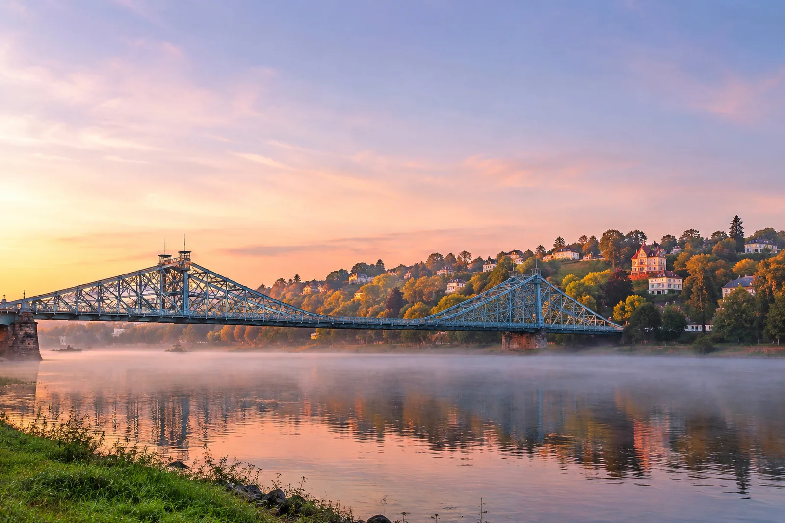 Das Blaue Wunder in Dresden im Morgendunst über der Elbe, dahinter die Villen am Loschwitzer Hang. Symbolbild, KI-erzeugt.