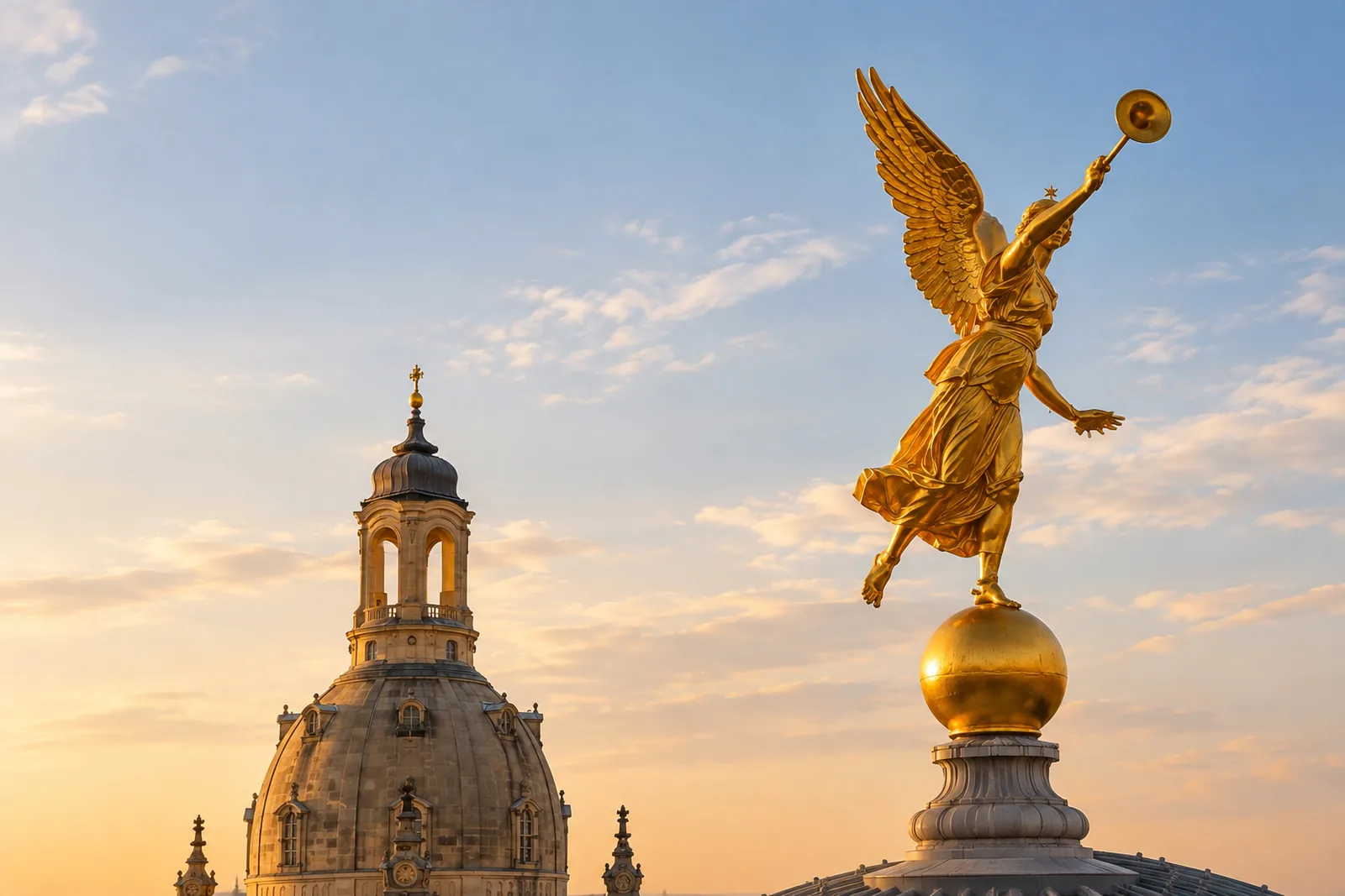 Die Kuppel der Dresdner Frauenkirche und die goldene Fama auf der Kunstakademie im warmen Licht des späten Nachmittags. Symbolbild, KI-erzeugt.