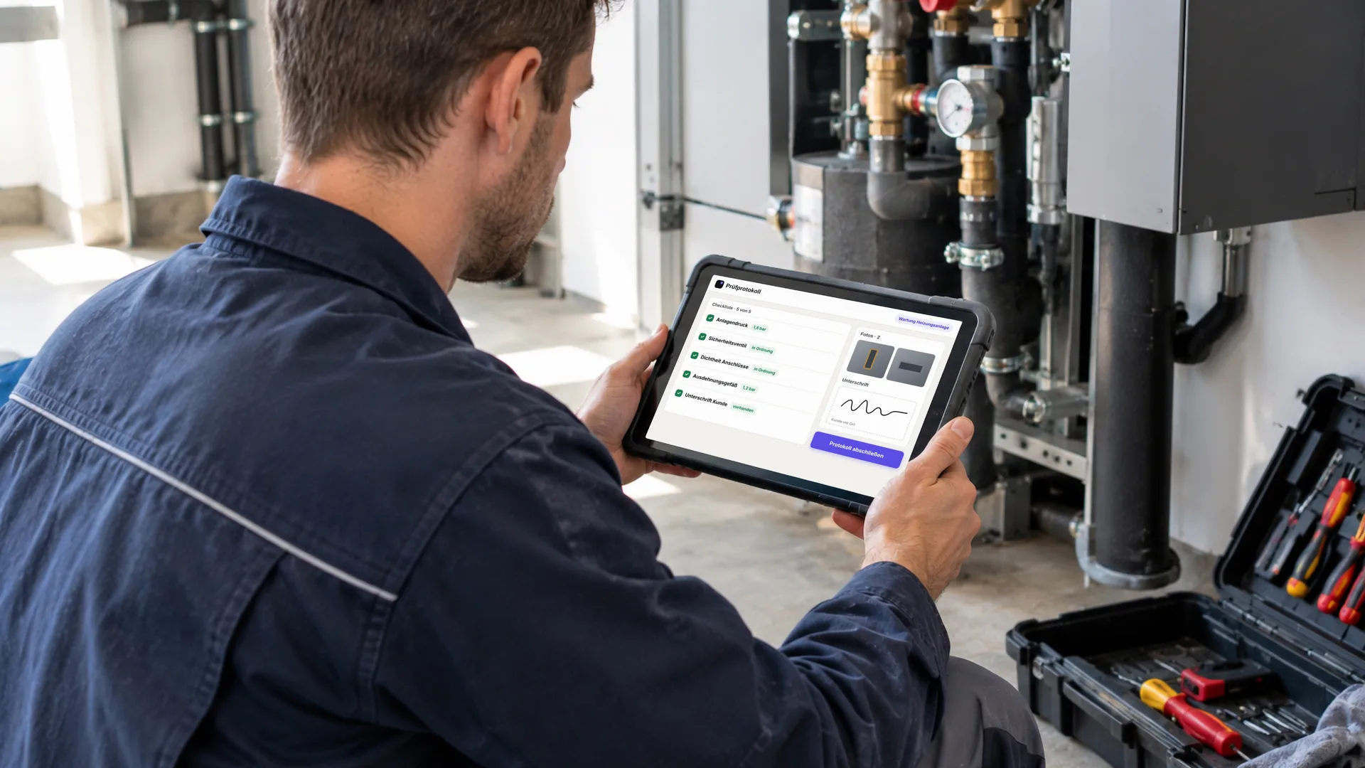 Ein Servicetechniker hält vor einer Heizungsanlage ein Tablet mit dem fertigen Prüfprotokoll, mit Checkliste, Fotos und Unterschrift. Symbolbild, KI-erzeugt.