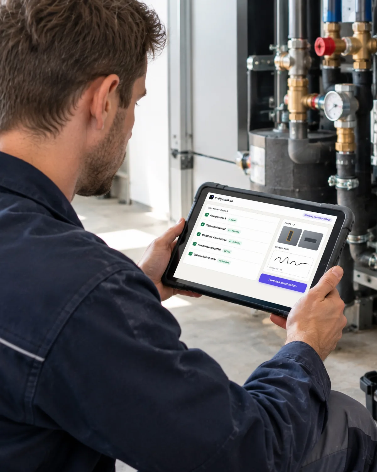 Ein Servicetechniker hält vor einer Heizungsanlage ein Tablet mit dem fertigen Prüfprotokoll, mit Checkliste, Fotos und Unterschrift. Symbolbild, KI-erzeugt.