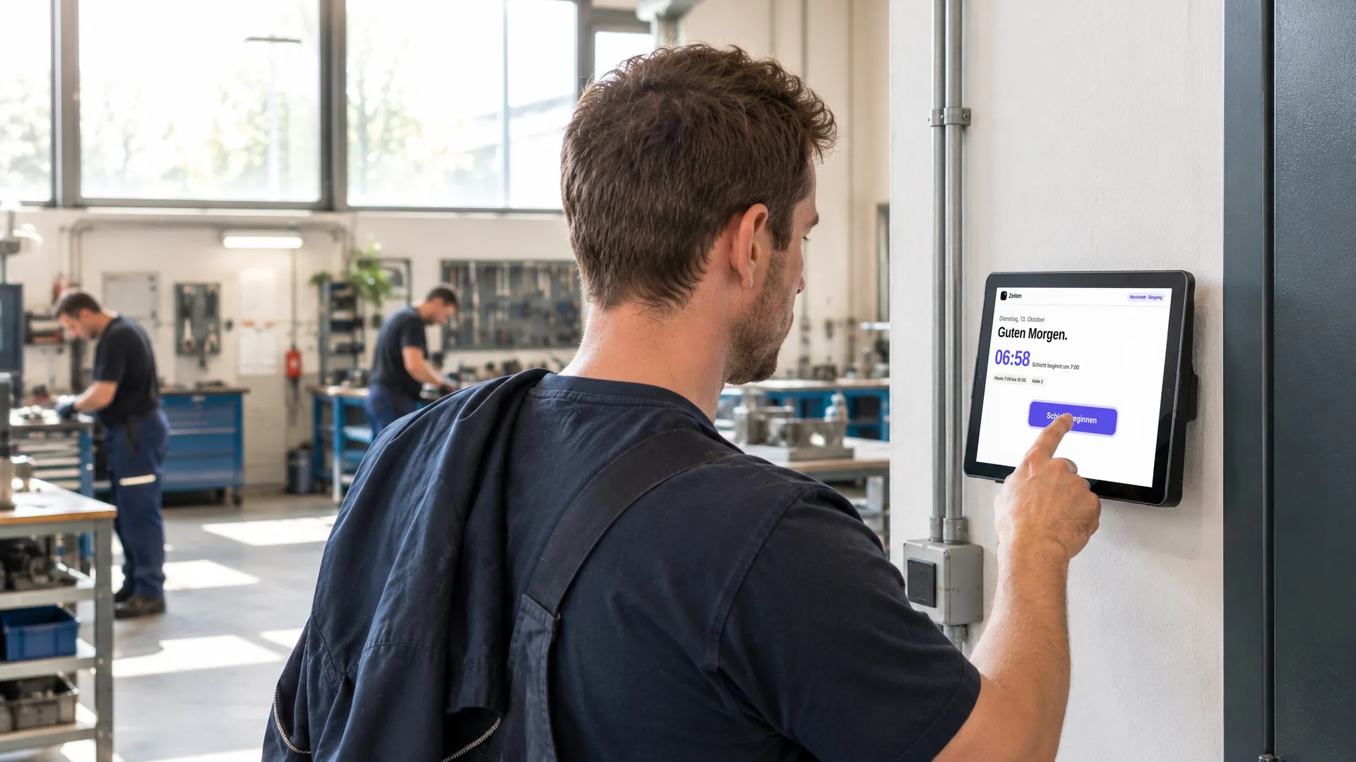 Ein Mitarbeiter tippt morgens am Wandtablet im Werkstatteingang auf Schicht beginnen. Symbolbild, KI-erzeugt.