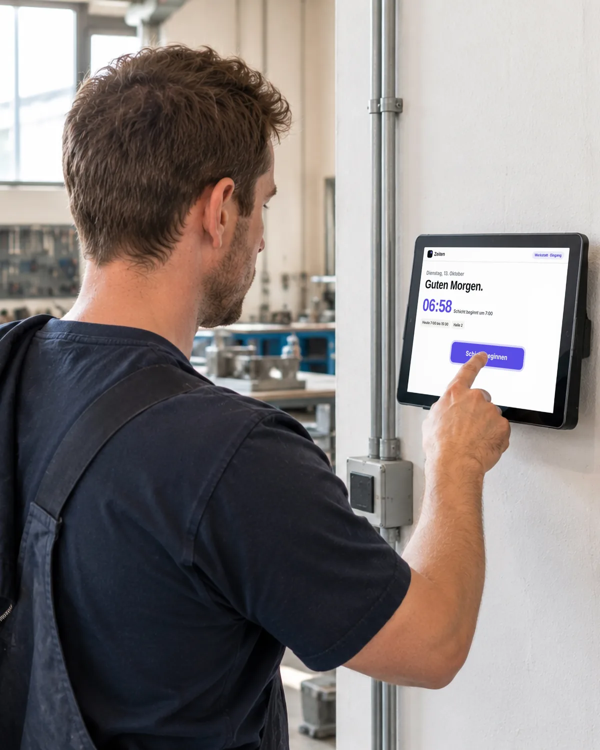 Ein Mitarbeiter tippt morgens am Wandtablet im Werkstatteingang auf Schicht beginnen. Symbolbild, KI-erzeugt.